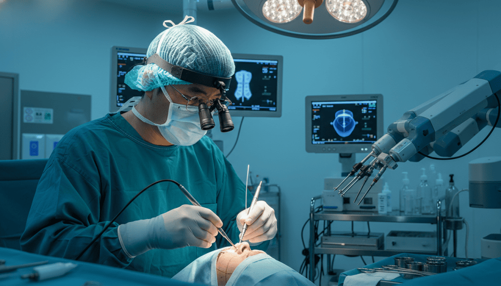 Expert surgeon performing facial contouring with advanced equipment.