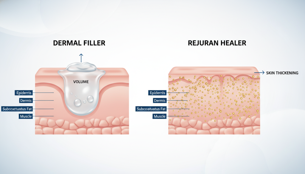 Comparison diagram showing the mechanism of Dermal Filler vs Rejuran Healer.