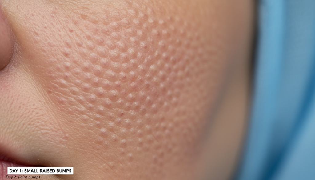 A 5-day recovery timeline showing the disappearance of embossing bumps.