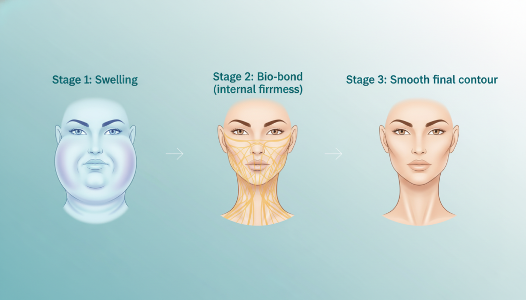 Comparison chart of a healing neck area showing the bio-bond phase vs. final result.