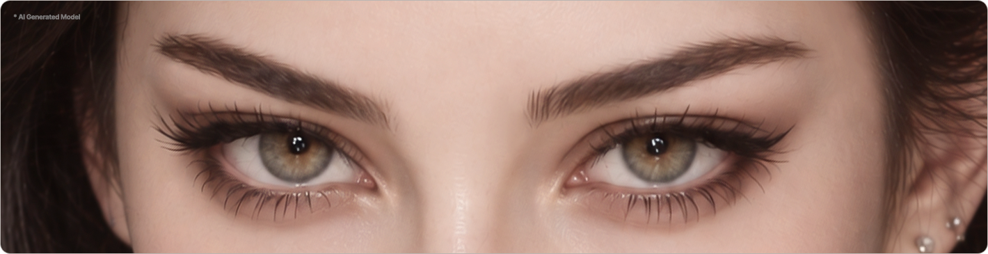 Close-up of a model’s eyes with long, lifted outer corners, illustrating a suitable Fox Eyes Lift candidate