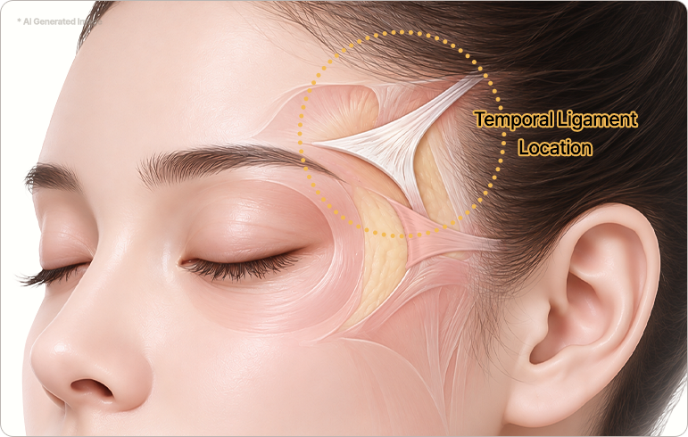 Illustration of the temporal ligament location near the outer brow and temple