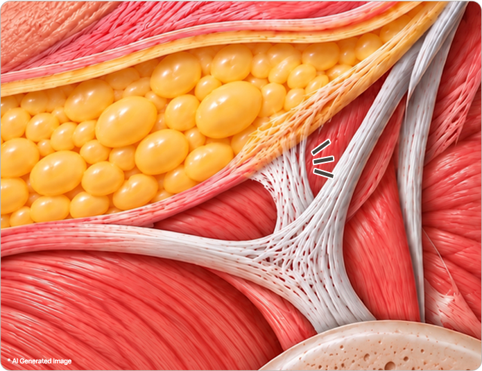 Illustration of the SMAS and deeper tissues anchored by intact retaining ligaments, limiting repositioning